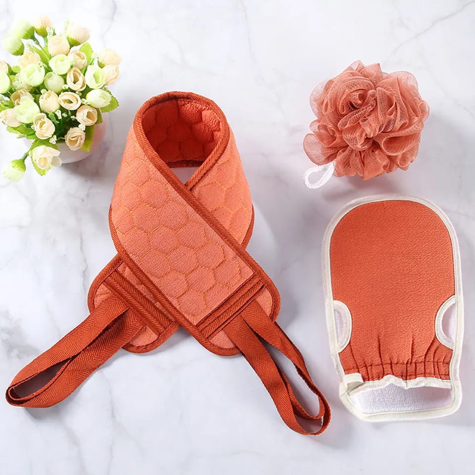 Imported 3 pcs Set of Shower & Bath Kit For Proper Body Hygiene 1 Bath Glove, 1 Bath Shower Ball and 1 Premium Back Scrubber
