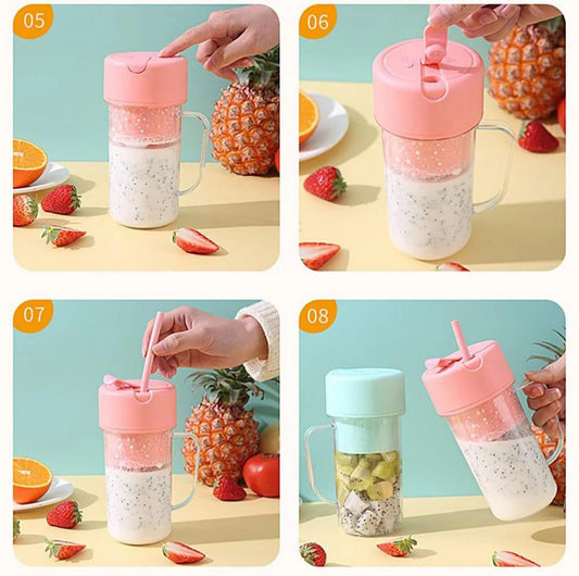 Portable Mini USB Rechargeable Juicer Blender with 6 Rotating Blades and Straw Cup